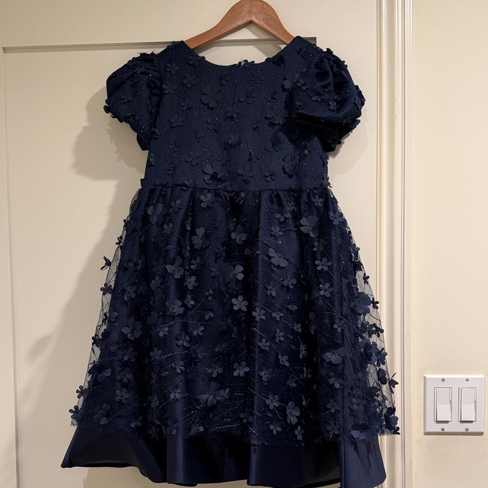 Navy 3D Floral Puff-Sleeve Party Dress for Girls